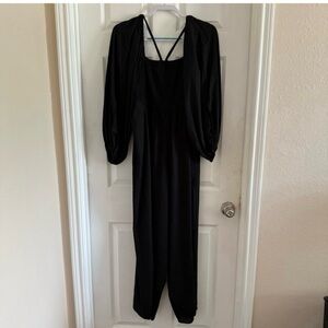 Eloquii Smocked Jumpsuit Women's Size 16 Black Wide Split Leg Linen Blend